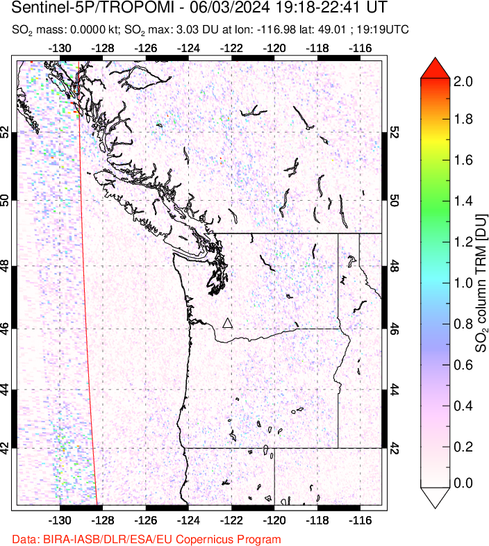 A sulfur dioxide image over Cascade Range, USA on Jun 03, 2024.