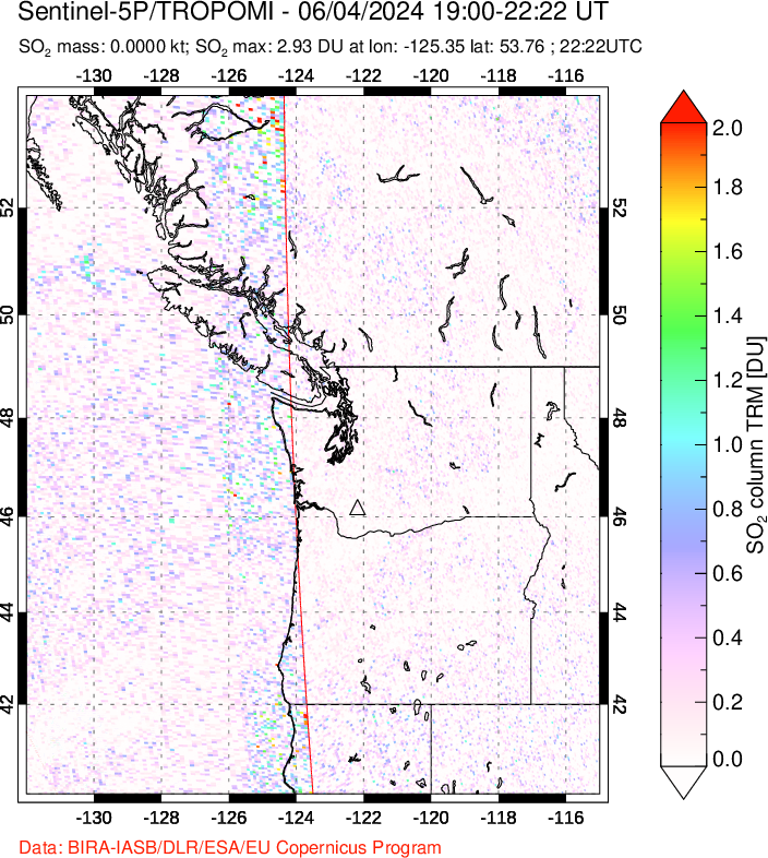 A sulfur dioxide image over Cascade Range, USA on Jun 04, 2024.