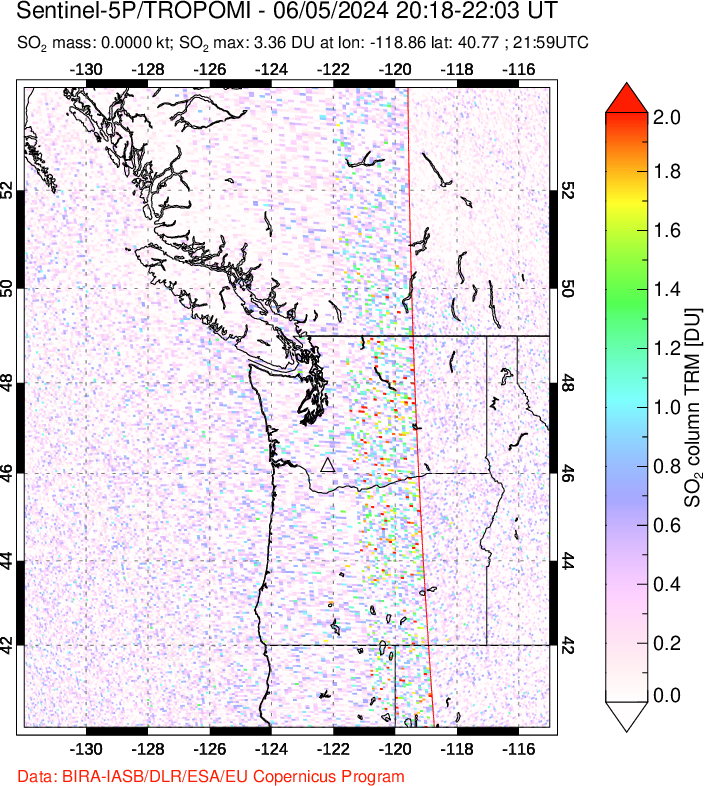 A sulfur dioxide image over Cascade Range, USA on Jun 05, 2024.