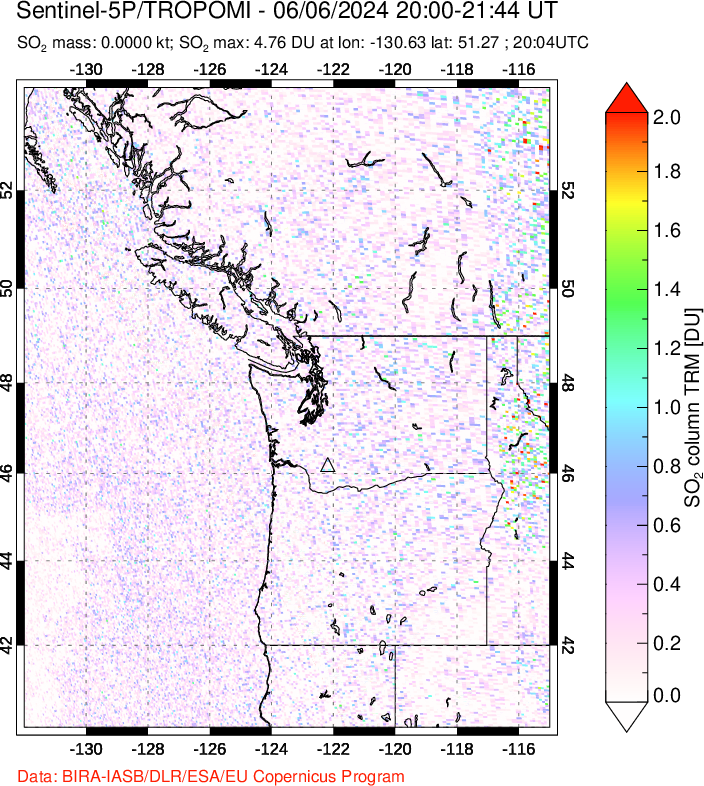 A sulfur dioxide image over Cascade Range, USA on Jun 06, 2024.