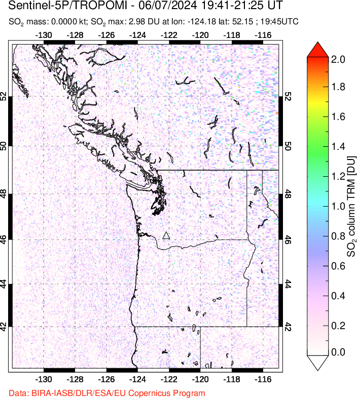 A sulfur dioxide image over Cascade Range, USA on Jun 07, 2024.