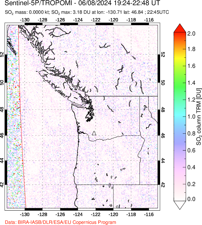 A sulfur dioxide image over Cascade Range, USA on Jun 08, 2024.