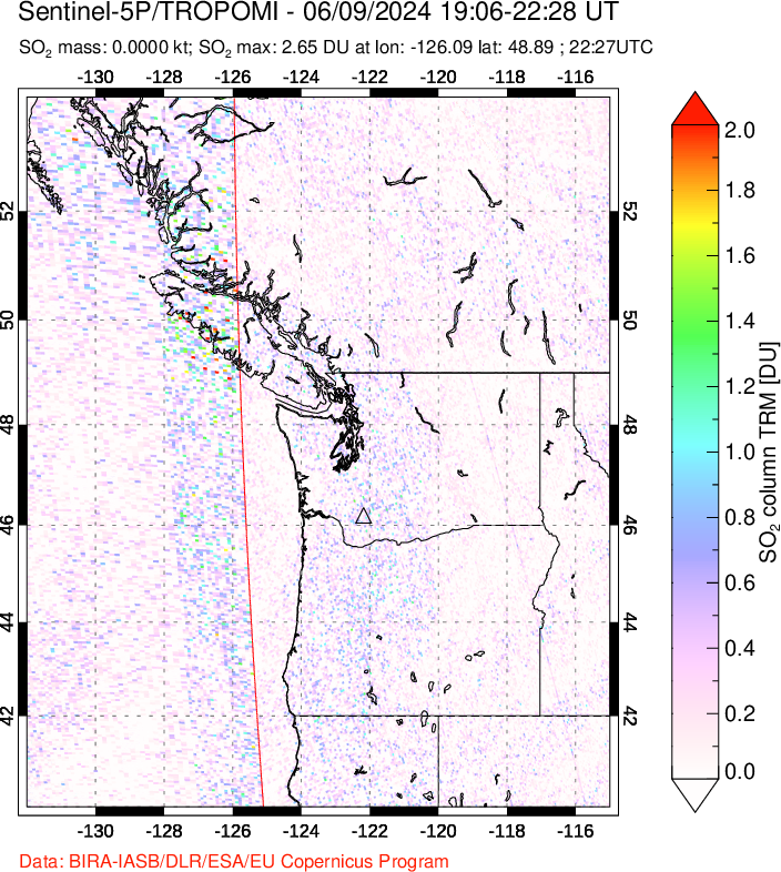 A sulfur dioxide image over Cascade Range, USA on Jun 09, 2024.