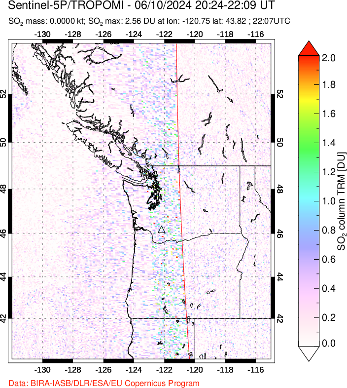 A sulfur dioxide image over Cascade Range, USA on Jun 10, 2024.