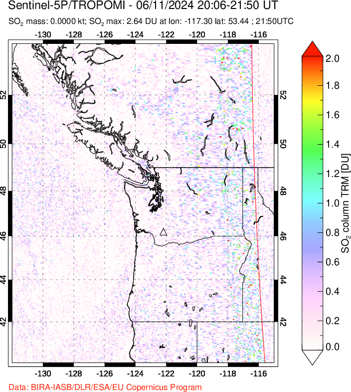 A sulfur dioxide image over Cascade Range, USA on Jun 11, 2024.