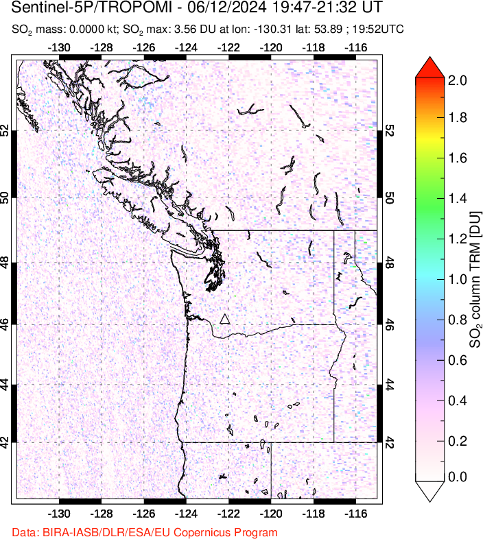 A sulfur dioxide image over Cascade Range, USA on Jun 12, 2024.