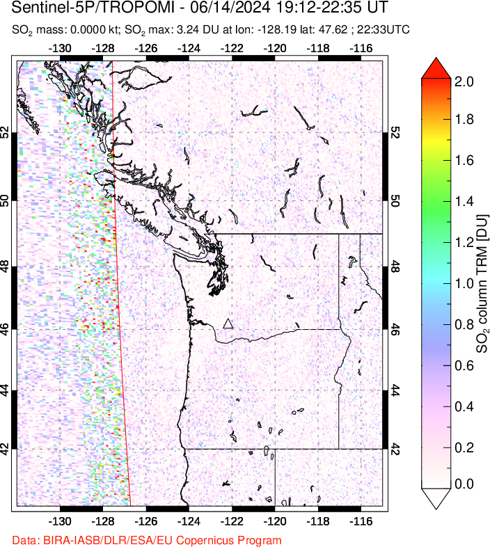 A sulfur dioxide image over Cascade Range, USA on Jun 14, 2024.