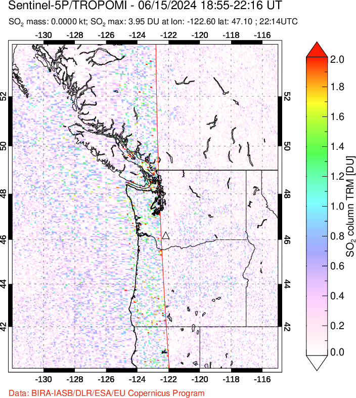 A sulfur dioxide image over Cascade Range, USA on Jun 15, 2024.