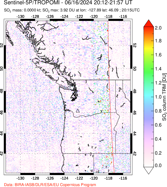 A sulfur dioxide image over Cascade Range, USA on Jun 16, 2024.