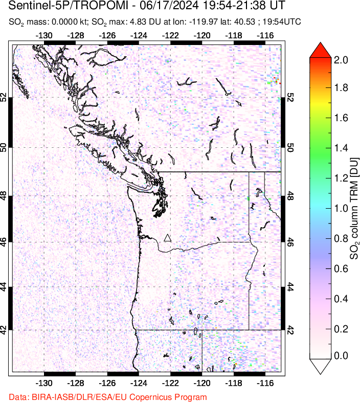 A sulfur dioxide image over Cascade Range, USA on Jun 17, 2024.