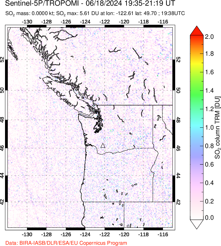 A sulfur dioxide image over Cascade Range, USA on Jun 18, 2024.