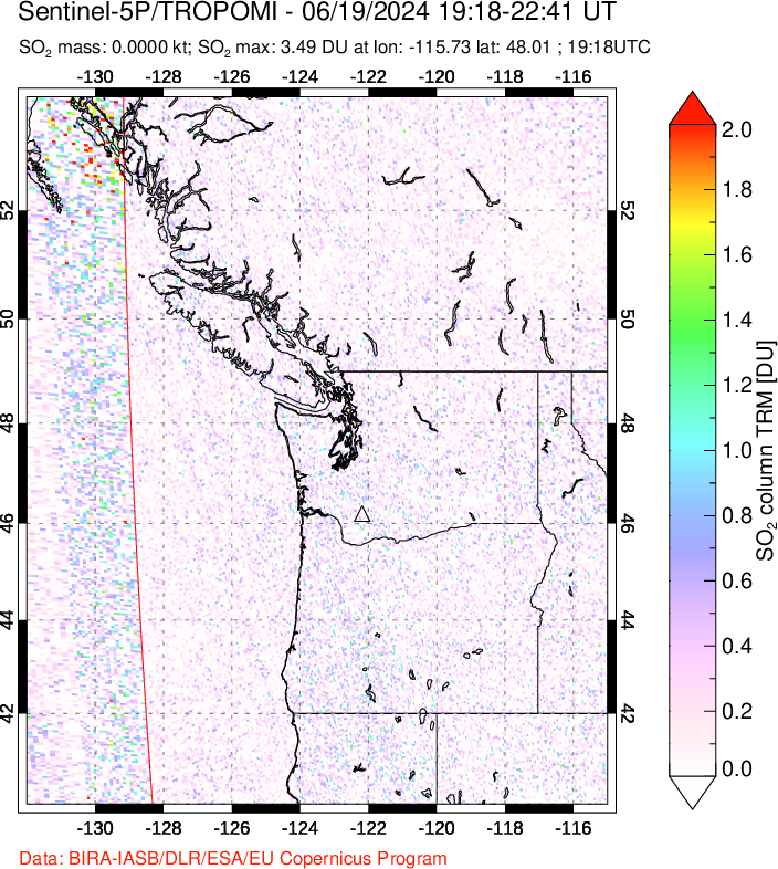 A sulfur dioxide image over Cascade Range, USA on Jun 19, 2024.