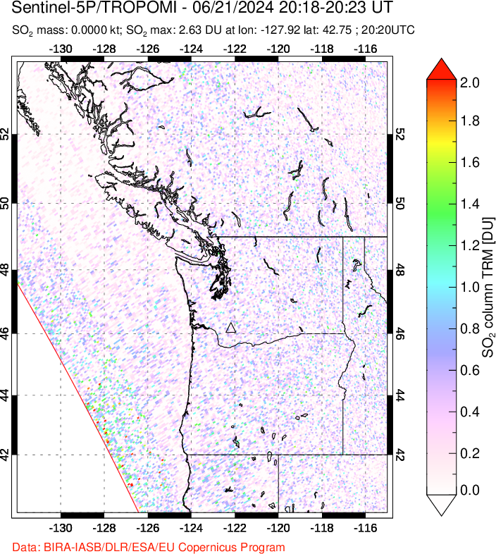 A sulfur dioxide image over Cascade Range, USA on Jun 21, 2024.