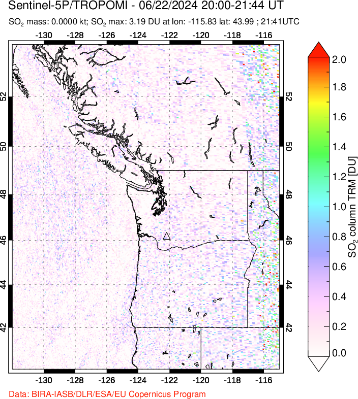 A sulfur dioxide image over Cascade Range, USA on Jun 22, 2024.