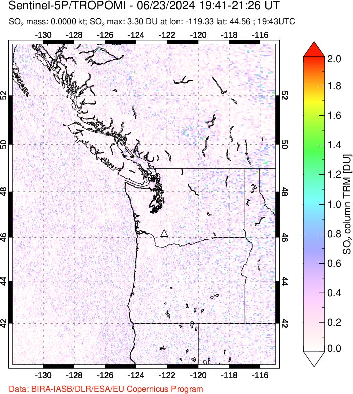 A sulfur dioxide image over Cascade Range, USA on Jun 23, 2024.