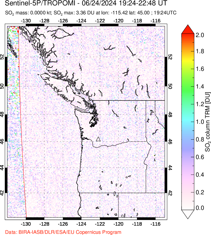 A sulfur dioxide image over Cascade Range, USA on Jun 24, 2024.