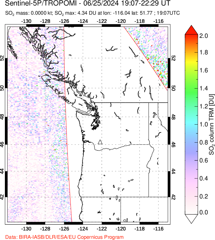 A sulfur dioxide image over Cascade Range, USA on Jun 25, 2024.