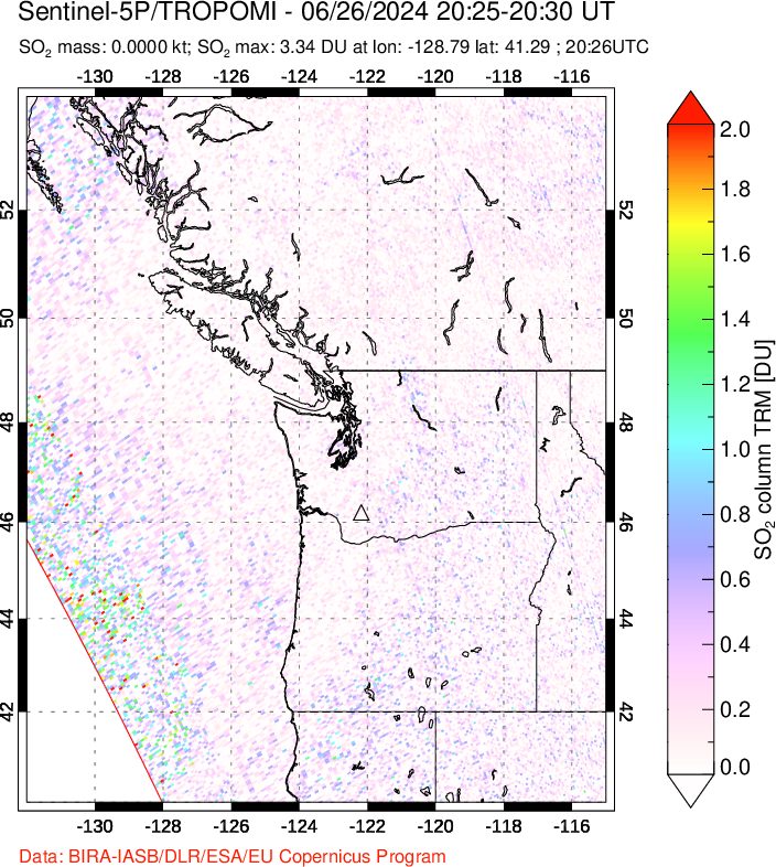 A sulfur dioxide image over Cascade Range, USA on Jun 26, 2024.