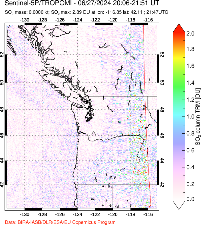 A sulfur dioxide image over Cascade Range, USA on Jun 27, 2024.