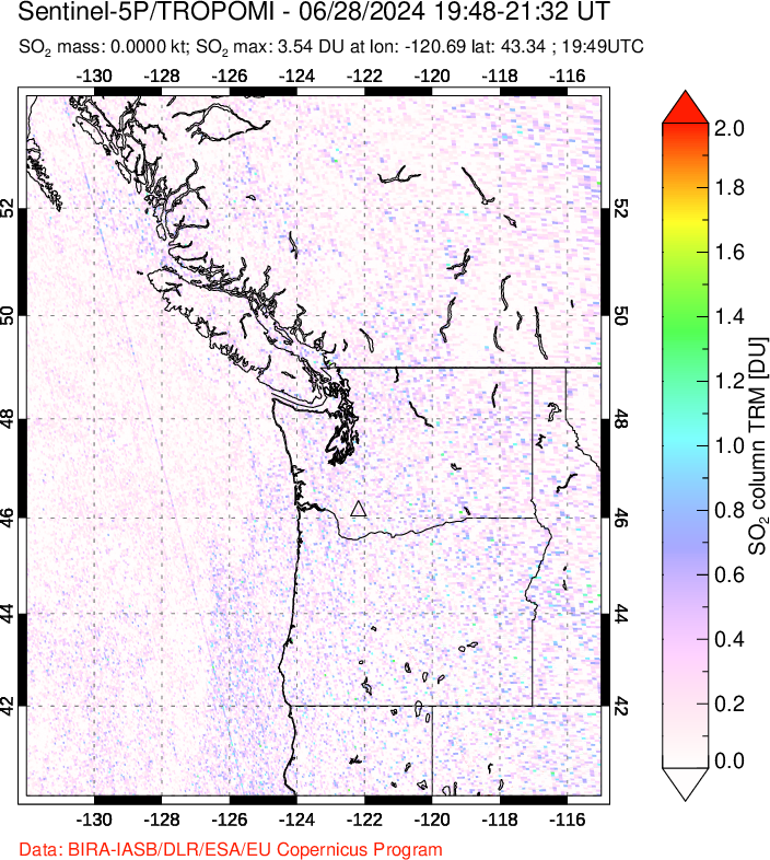 A sulfur dioxide image over Cascade Range, USA on Jun 28, 2024.