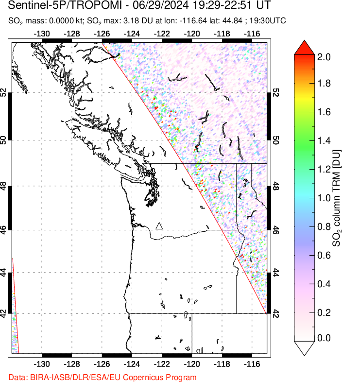 A sulfur dioxide image over Cascade Range, USA on Jun 29, 2024.