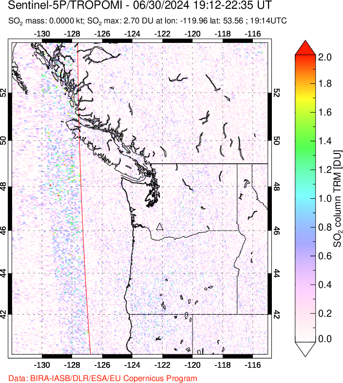 A sulfur dioxide image over Cascade Range, USA on Jun 30, 2024.