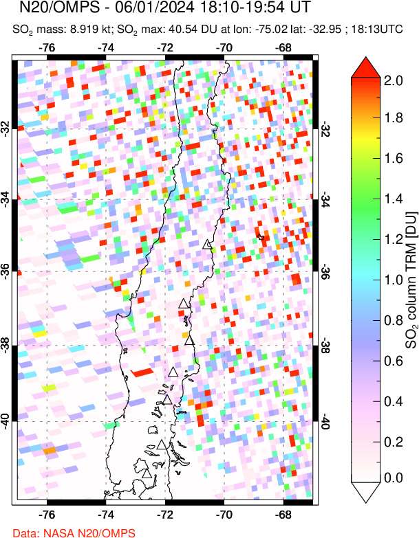 A sulfur dioxide image over Central Chile on Jun 01, 2024.