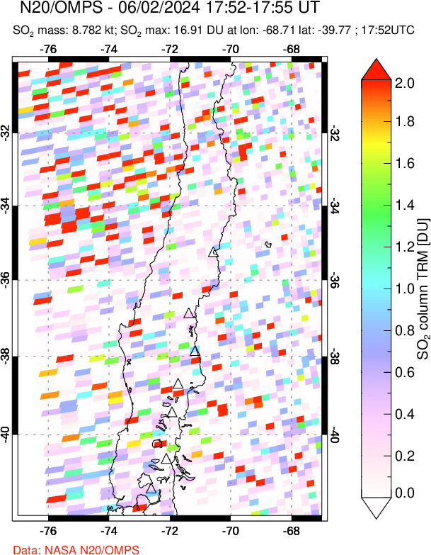 A sulfur dioxide image over Central Chile on Jun 02, 2024.