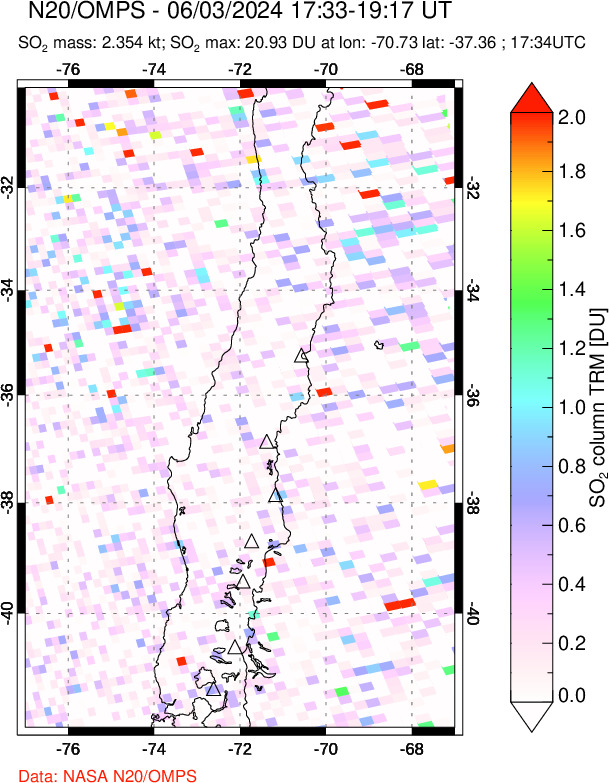 A sulfur dioxide image over Central Chile on Jun 03, 2024.