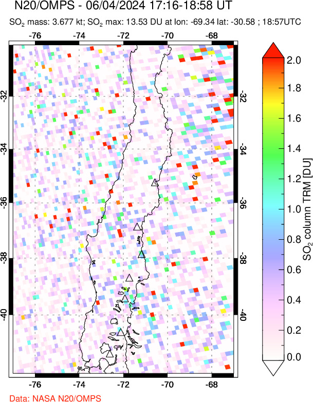 A sulfur dioxide image over Central Chile on Jun 04, 2024.