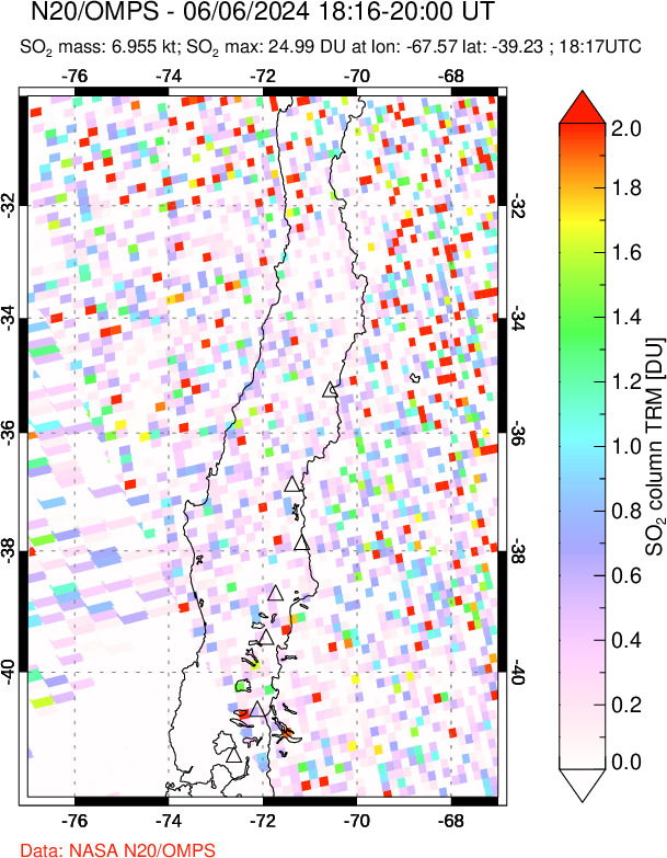 A sulfur dioxide image over Central Chile on Jun 06, 2024.