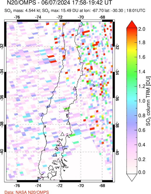 A sulfur dioxide image over Central Chile on Jun 07, 2024.