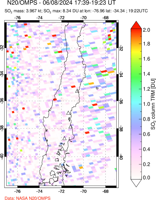 A sulfur dioxide image over Central Chile on Jun 08, 2024.