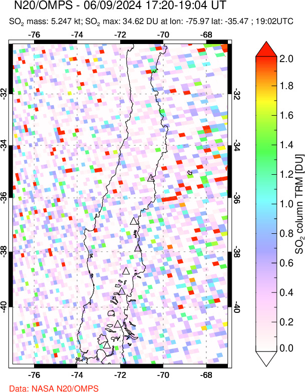 A sulfur dioxide image over Central Chile on Jun 09, 2024.