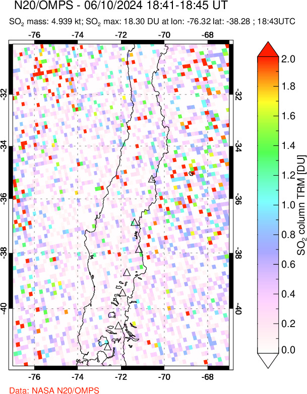 A sulfur dioxide image over Central Chile on Jun 10, 2024.