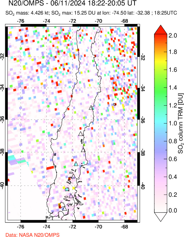 A sulfur dioxide image over Central Chile on Jun 11, 2024.