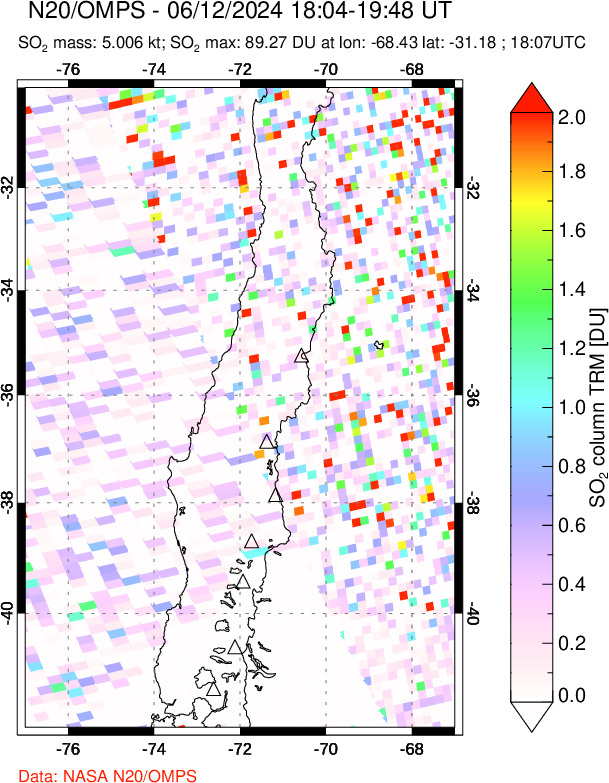 A sulfur dioxide image over Central Chile on Jun 12, 2024.