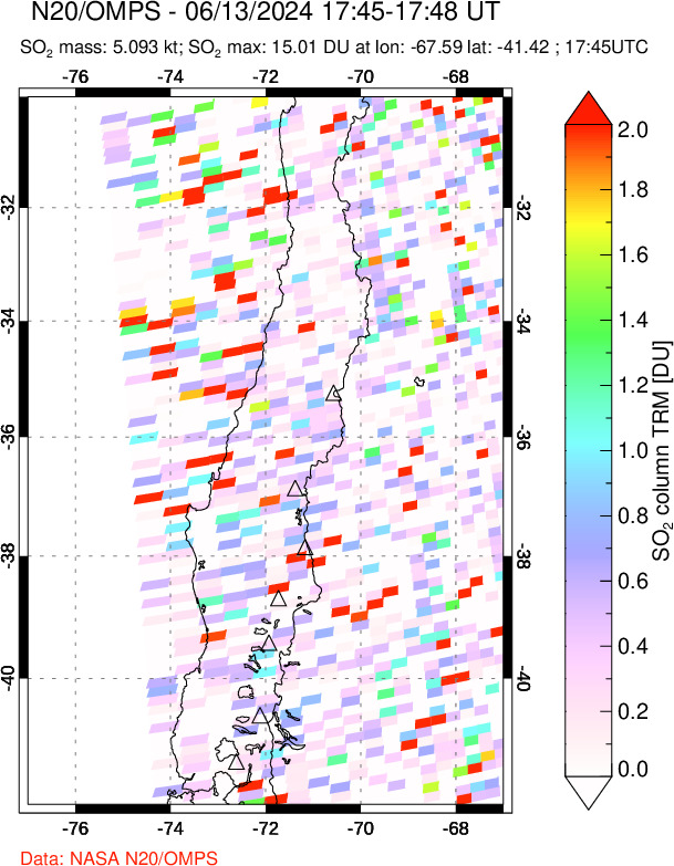 A sulfur dioxide image over Central Chile on Jun 13, 2024.