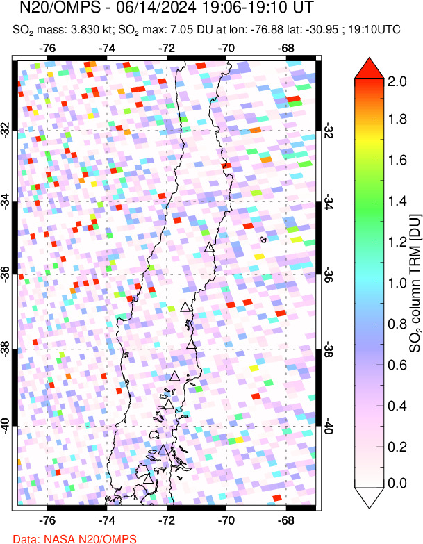 A sulfur dioxide image over Central Chile on Jun 14, 2024.