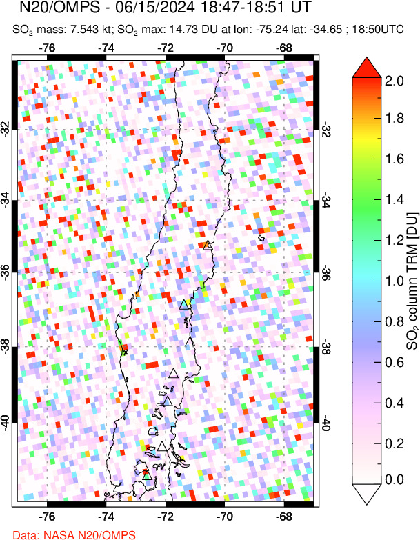 A sulfur dioxide image over Central Chile on Jun 15, 2024.