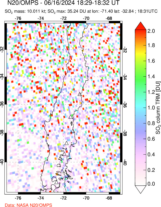 A sulfur dioxide image over Central Chile on Jun 16, 2024.