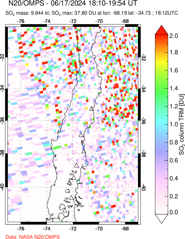 A sulfur dioxide image over Central Chile on Jun 17, 2024.