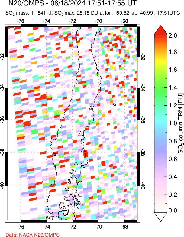 A sulfur dioxide image over Central Chile on Jun 18, 2024.