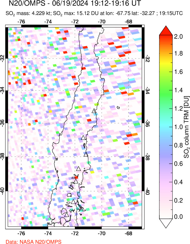 A sulfur dioxide image over Central Chile on Jun 19, 2024.