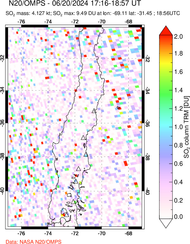 A sulfur dioxide image over Central Chile on Jun 20, 2024.