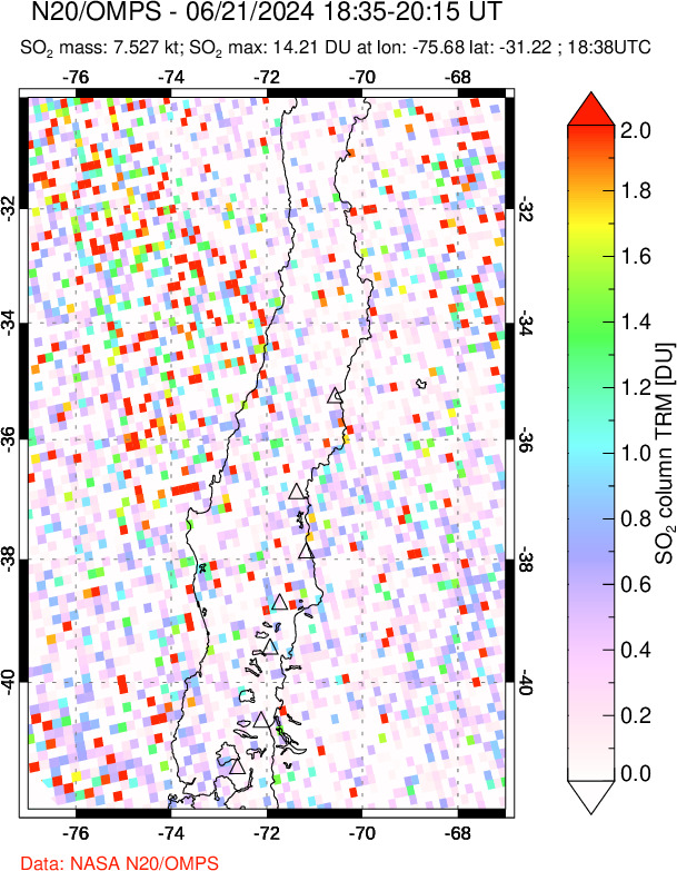 A sulfur dioxide image over Central Chile on Jun 21, 2024.