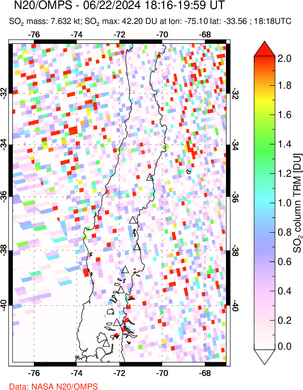 A sulfur dioxide image over Central Chile on Jun 22, 2024.