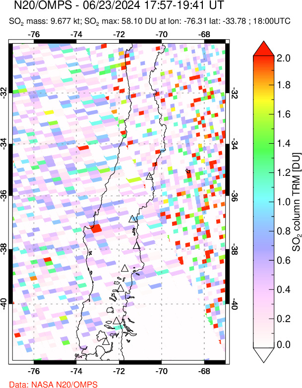 A sulfur dioxide image over Central Chile on Jun 23, 2024.