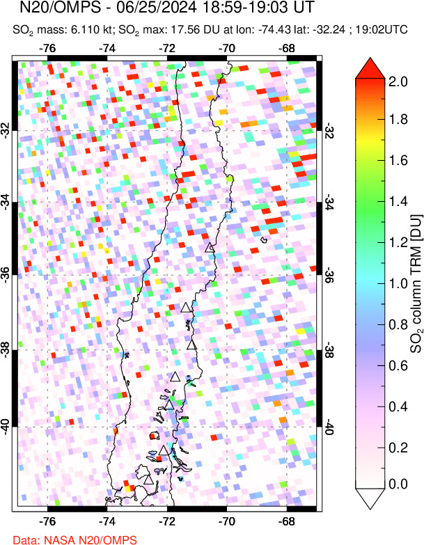 A sulfur dioxide image over Central Chile on Jun 25, 2024.