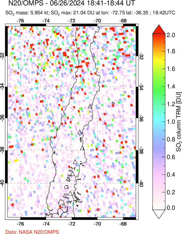 A sulfur dioxide image over Central Chile on Jun 26, 2024.